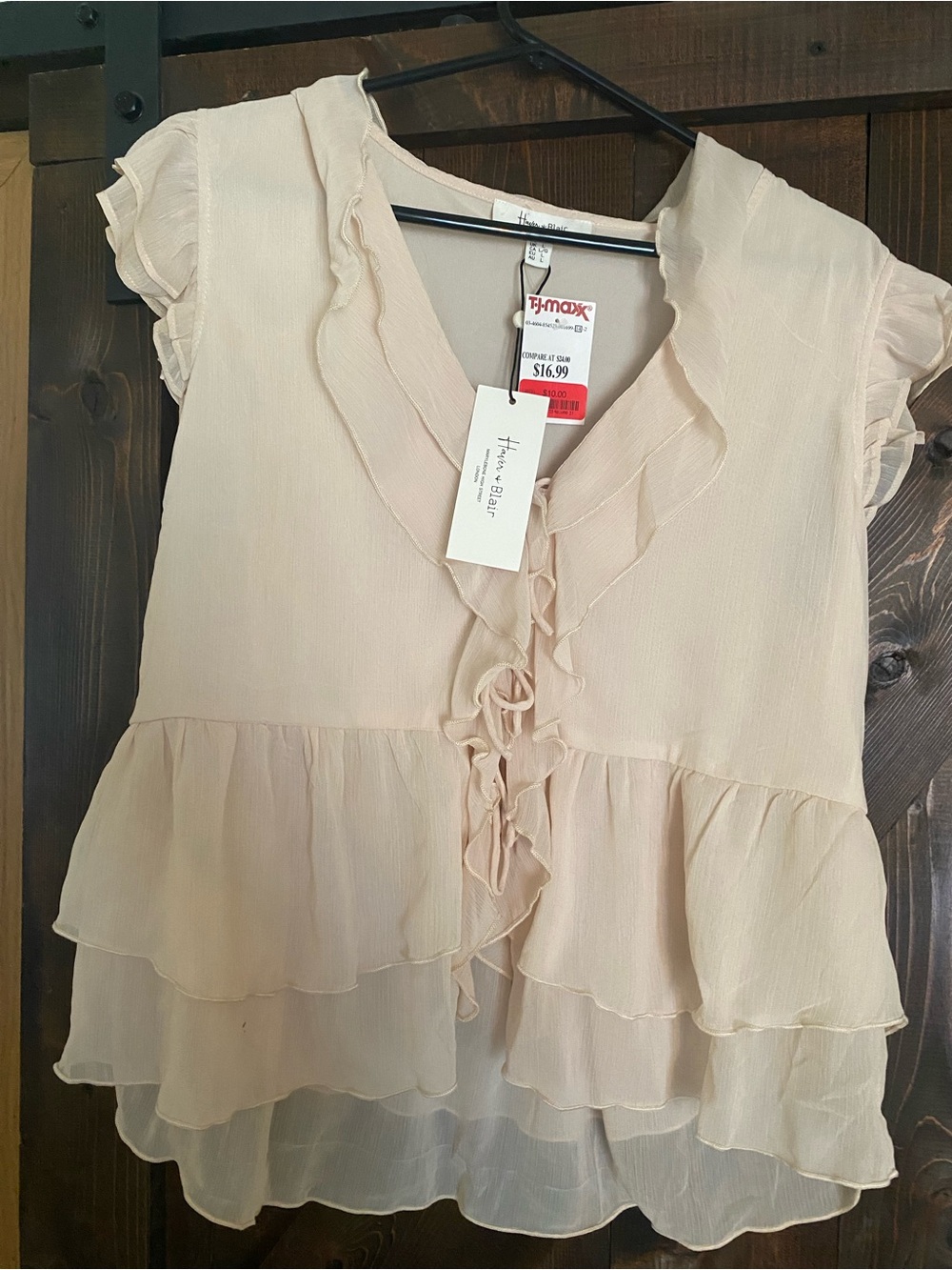 Hayes & Blair Pastel Beige Chiffon Ruffle Tiered Peplum Blouse Top NWT M